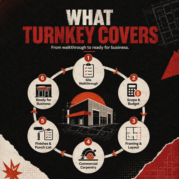 What turnkey covers commercial build-out process infographic for Central Texas businesses