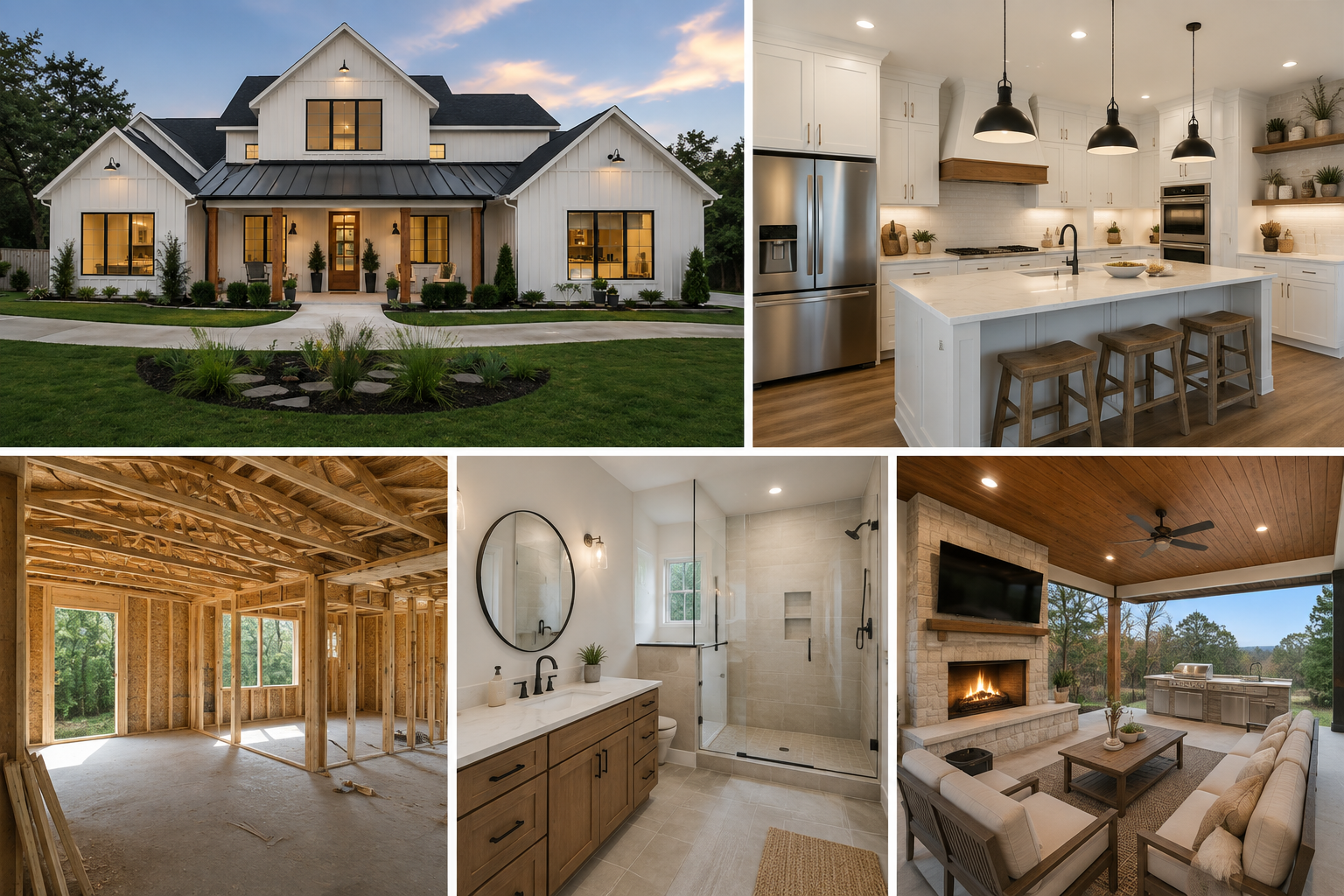 Custom home construction process showing framing, finished kitchen, bathroom, exterior, and outdoor living