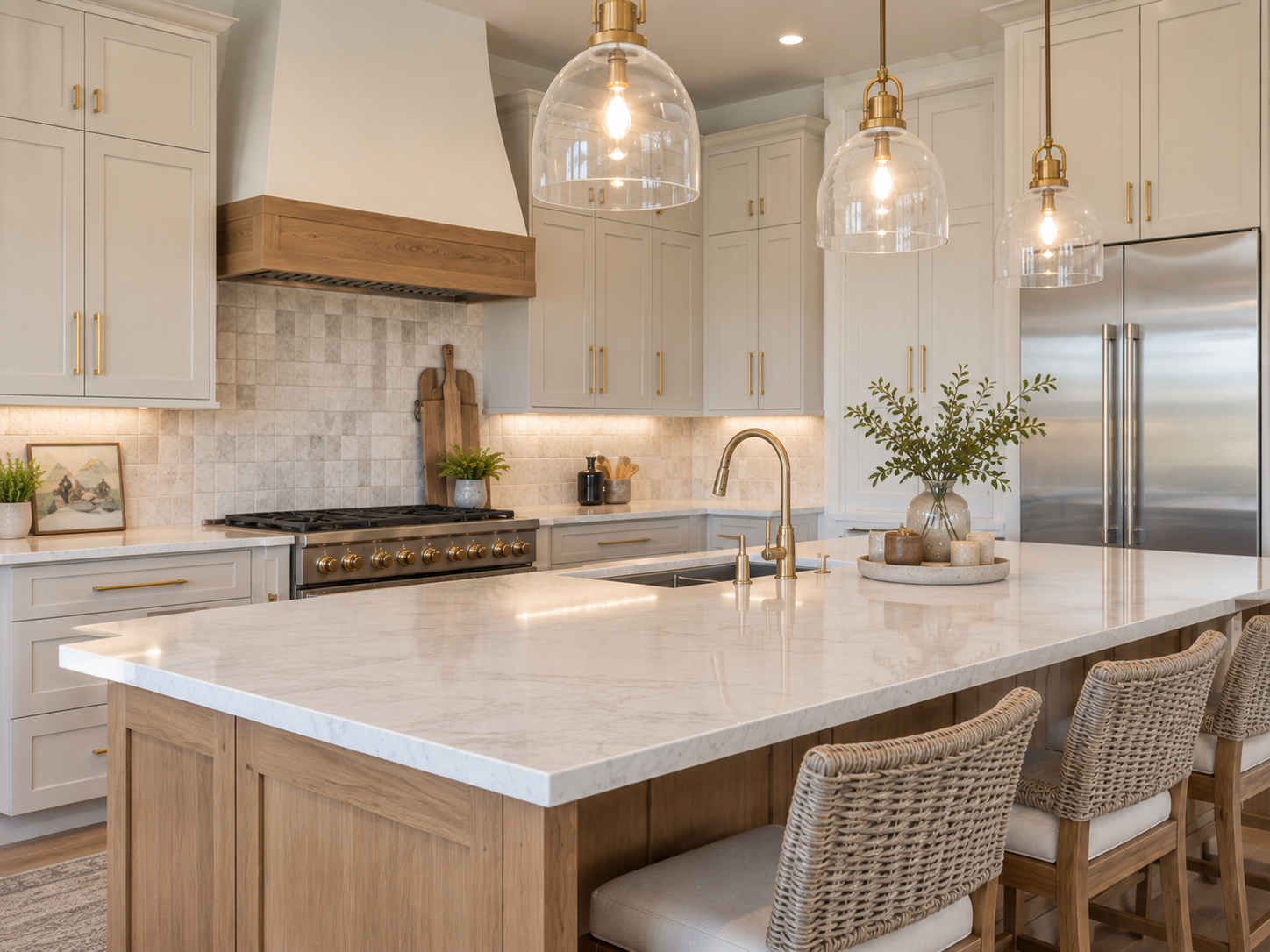 Liberty Hill kitchen remodel with wood island, white cabinetry, pendant lighting and updated appliances