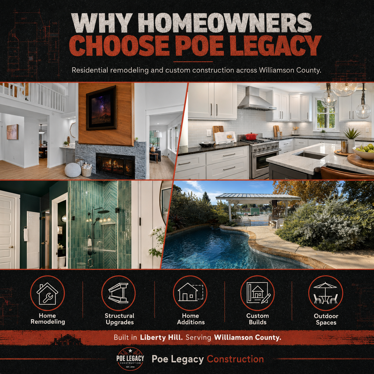 Poe Legacy Construction residential remodeling services across Williamson County including home remodeling, structural upgrades, additions, custom builds, and outdoor spaces