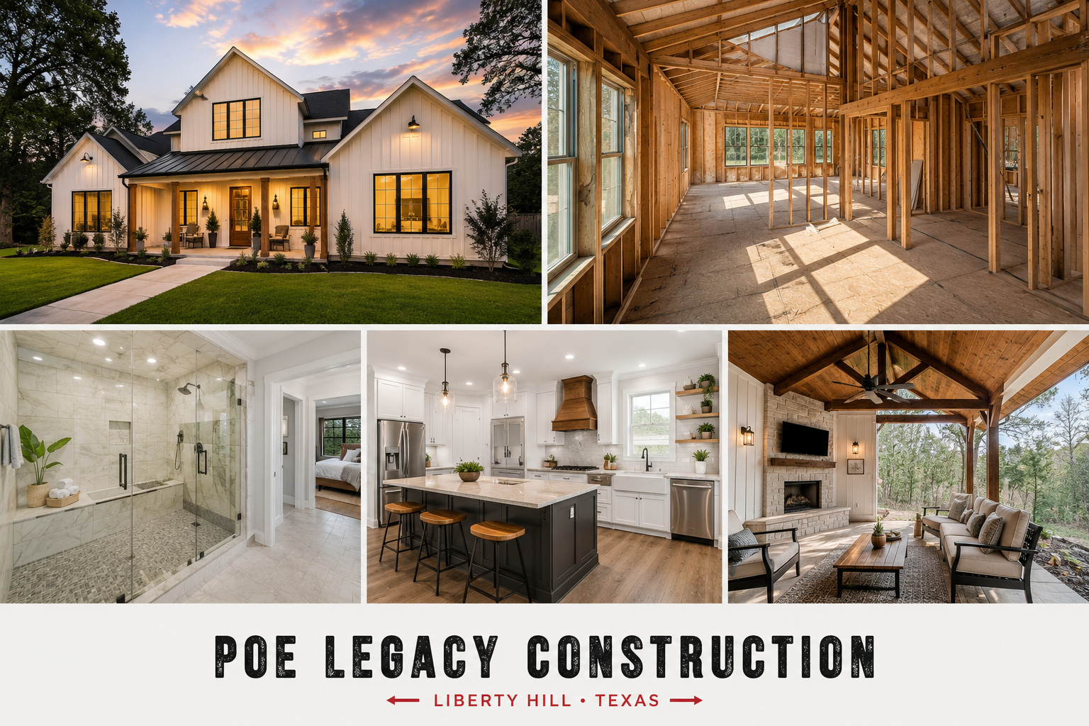 Custom home project showing exterior construction, framing, kitchen, bathroom, and covered outdoor living space