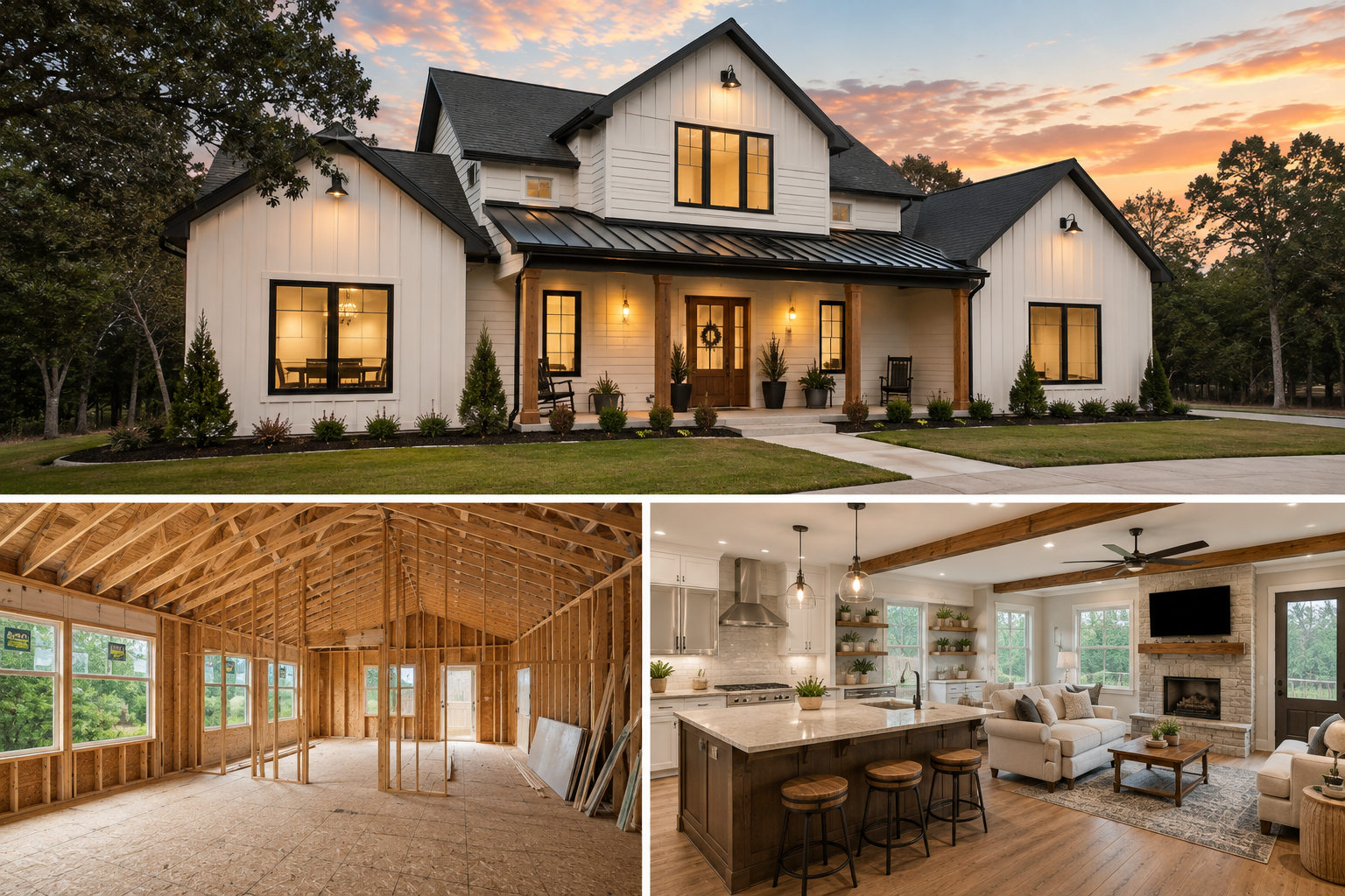 Custom home construction process showing framing, finished interior, and completed home exterior