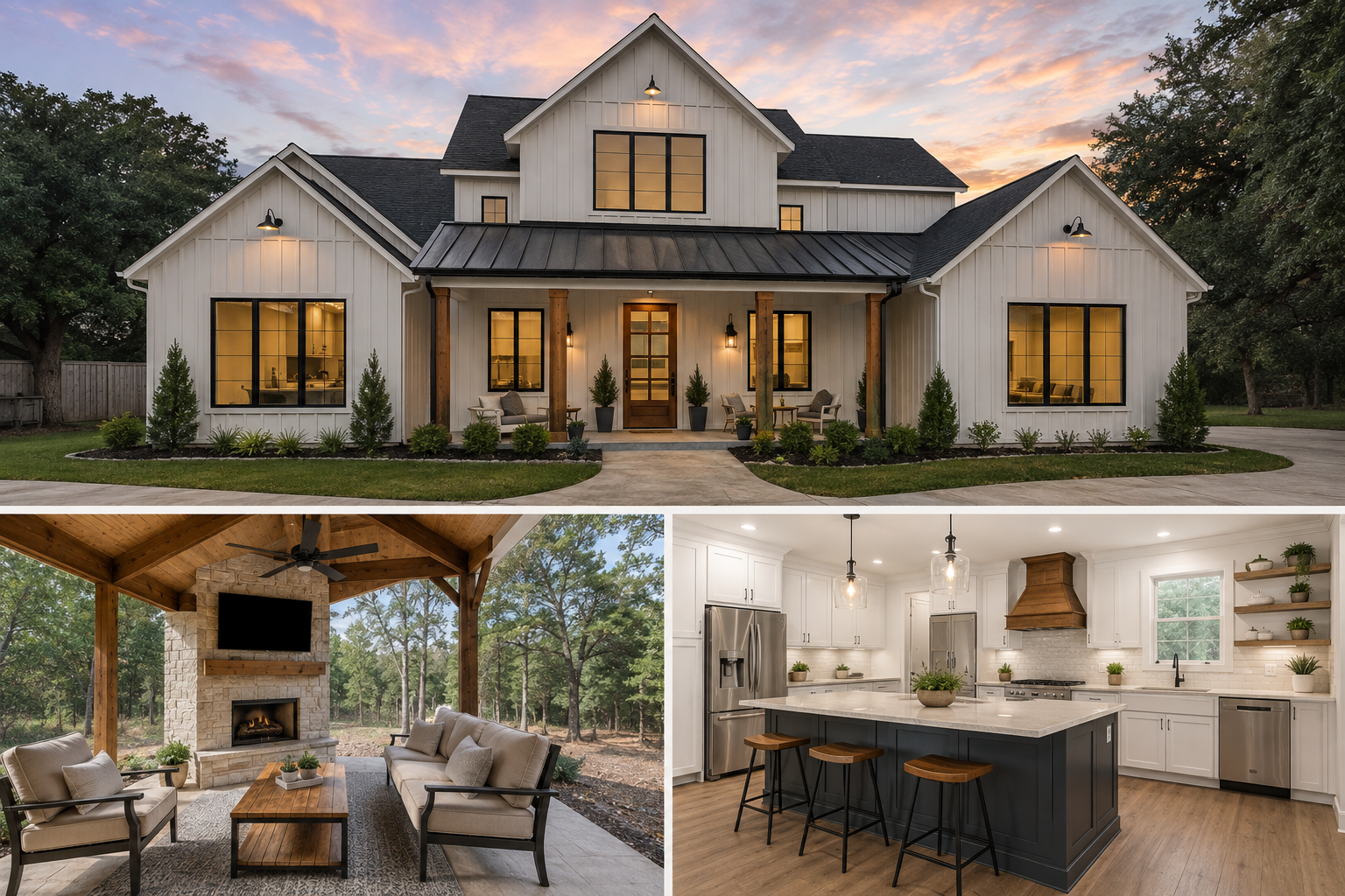 Custom home exterior, covered outdoor living space, and finished kitchen in a Central Texas residential design